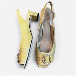 Stuart Weitzman Yellow Patent Slingback Heels Gold Buckle Size 8 Y2K